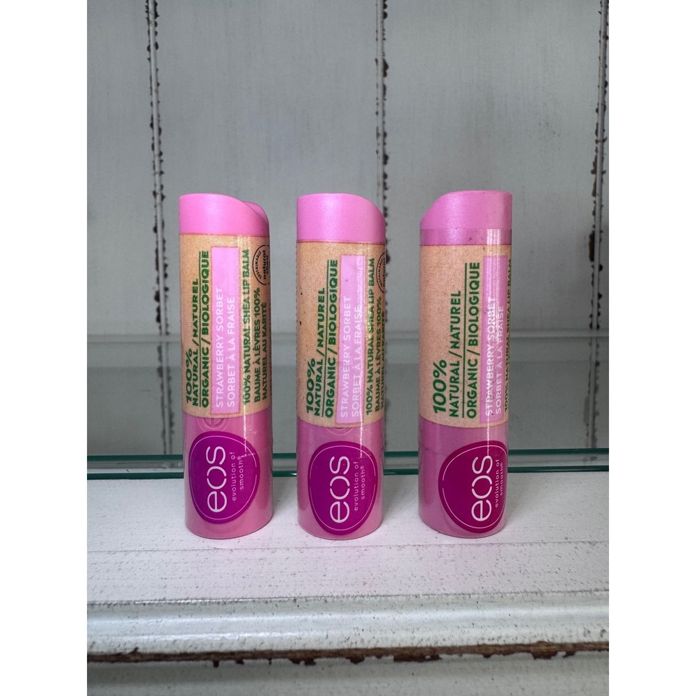 Lot of 3 EOS Organic Strawberry Sorbet‎ Lip Balm 100% Natural Shea 0.14oz Sticks